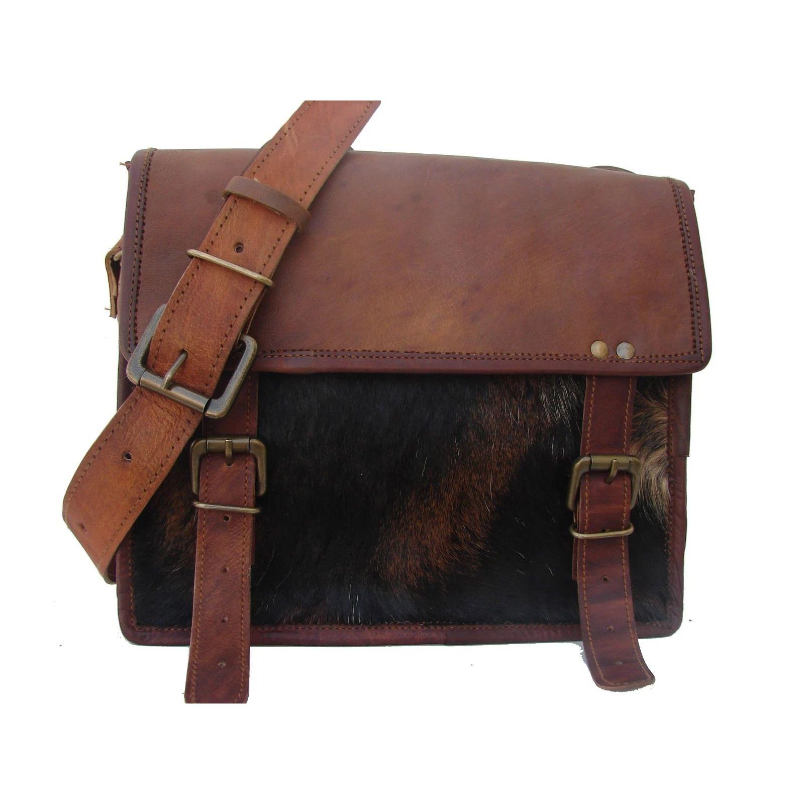 

Мужская винтажная сумка-мессенджер из натуральной коричневой кожи с мехом через плечо для ноутбука 13 x 10 x 4 in