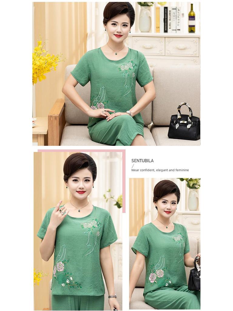 Women's Summer Cotton & Linen Pajama Set – Short-Sleeved Two-Piece for Middle-Aged & Elderly, Suitable for Indoor & Outdoor Wear.