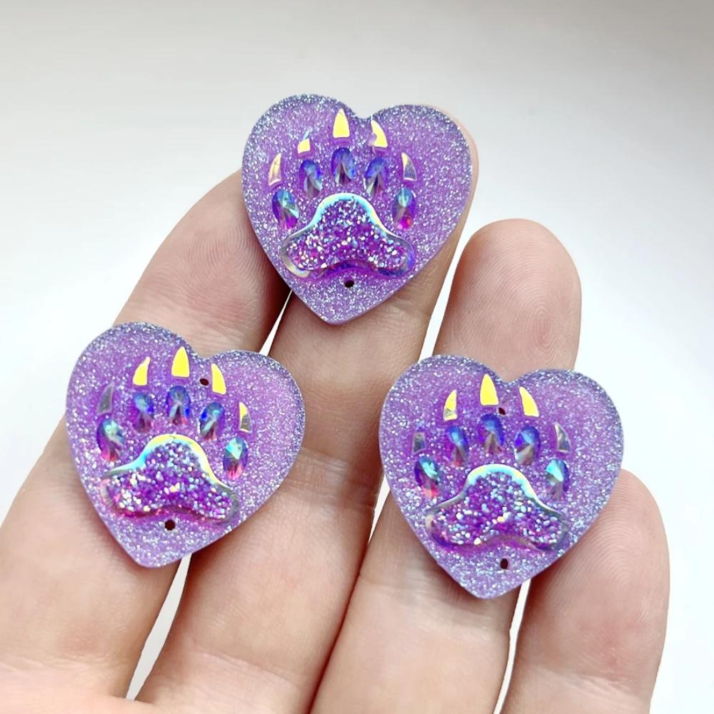 10pcs 25mm Black/purple AB Heart Resin Bear Claw Rhinestone Flat Back Scrapbook DIY Jewelry Indigenous Earrings Decoration