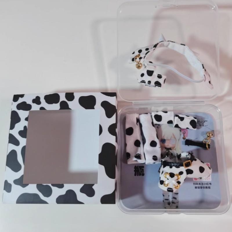 

Cow Print Doll Outfit Set For 1/12 Ob11 Bjd Dolls With Horn Headband Bell Crop Top Shorts Leg Warmers For Bjd Doll Collectors Set one-twelfth scale