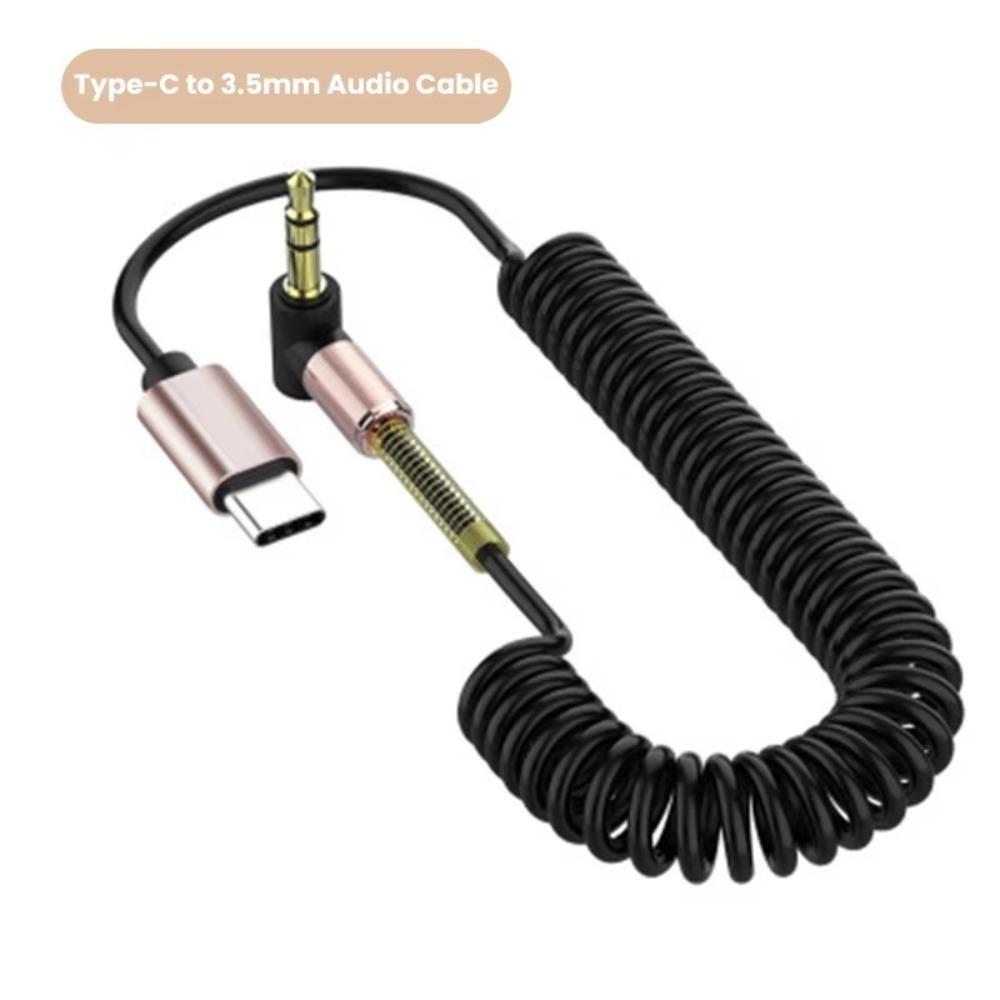 Black Aux Cable Spring Retractable 3.5MM To 3.5MM Jack Speaker Wire Line Connector Type C Audio Cable for Mobile Phone