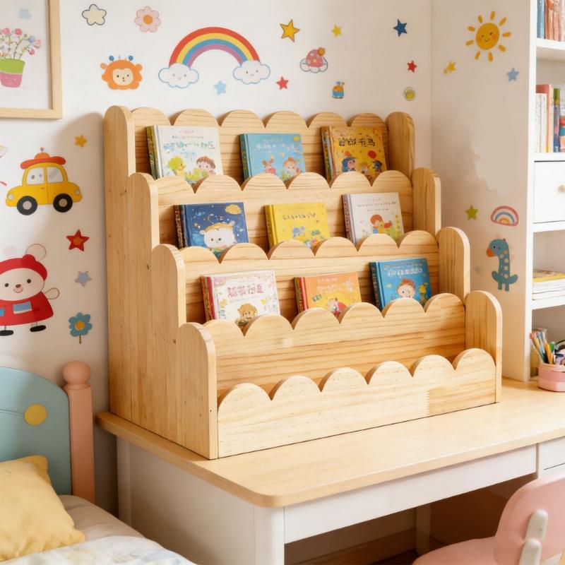 Natürlicher Holz Kinderbuchständer mit 4 Fächern, ideal für Schlafzimmer, Klassenzimmer und Spielbereiche