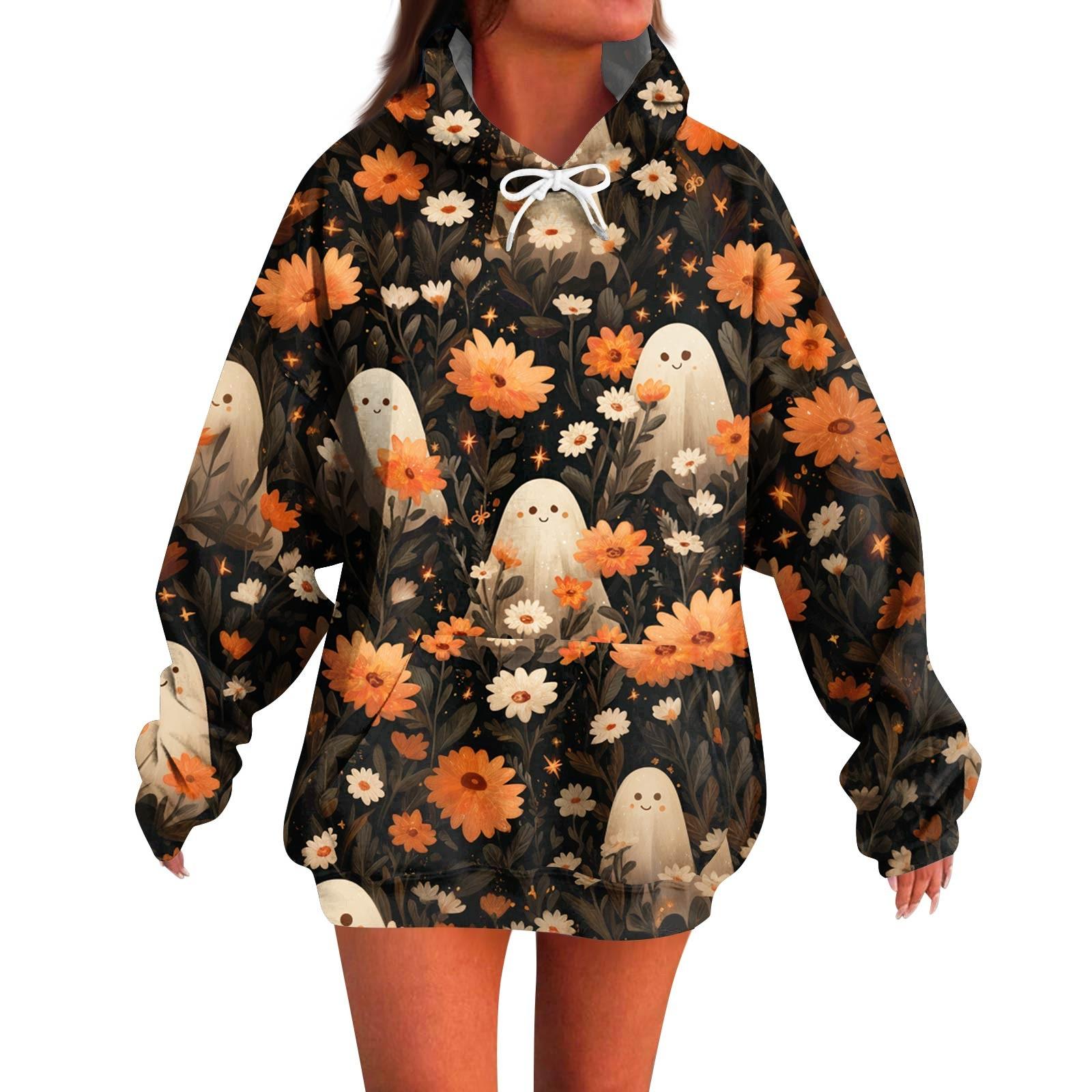 

Женское модное повседневное худи с длинным рукавом и принтом на Хэллоуин S оранжевый