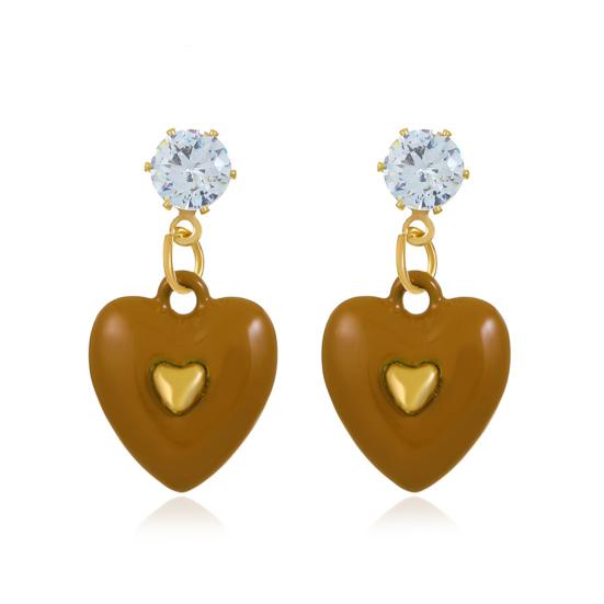 

1 пара женских серег в форме сердца с кубическим цирконием, ювелирные изделия, капающее масло, яркий цвет кофейный