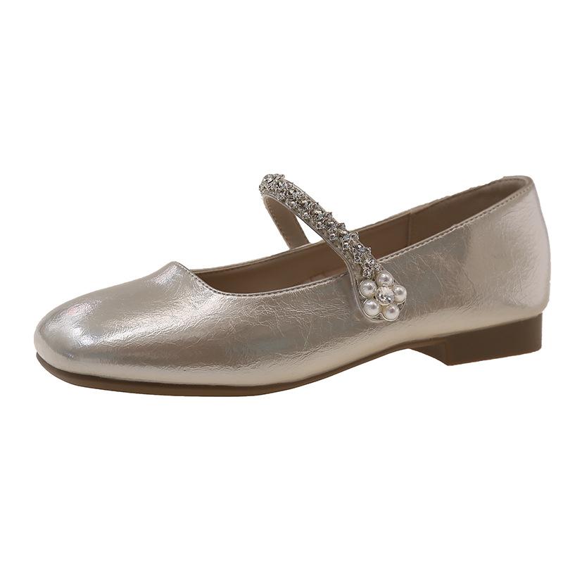 Summer single shoes 2025 new square head shallow mouth rhinestone one-word diamond belt silver low heel flat shoes Mary Jane shoes