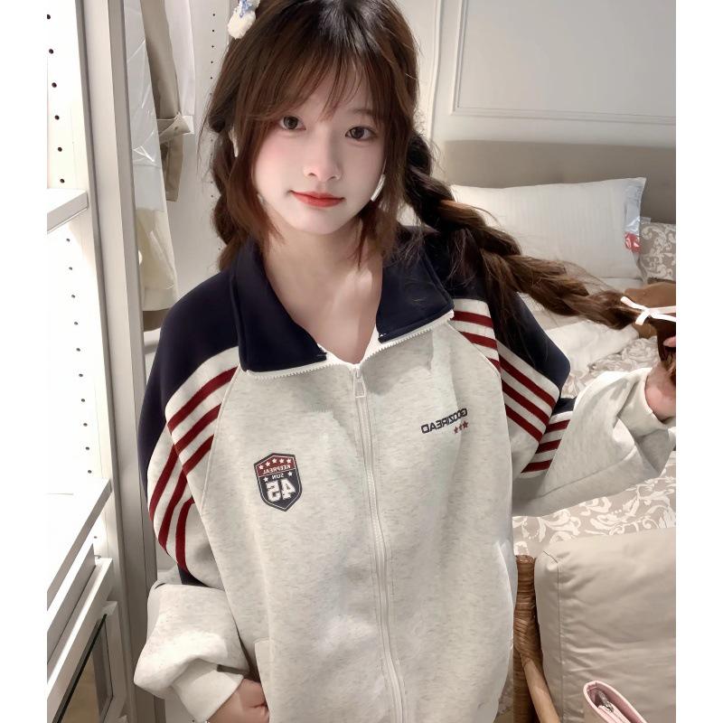 Women's Retro Stand-Up Collar Sweatshirt - Spring/Autumn Oversized Thin Jacket, Niche Design Baseball Style