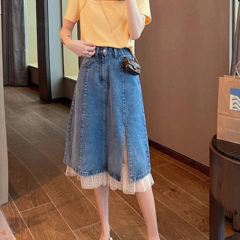 Lace Patchwork Denim Skirt Spring Pear Shaped Figure Fashionable Temperament A-line Skirt Mid Length