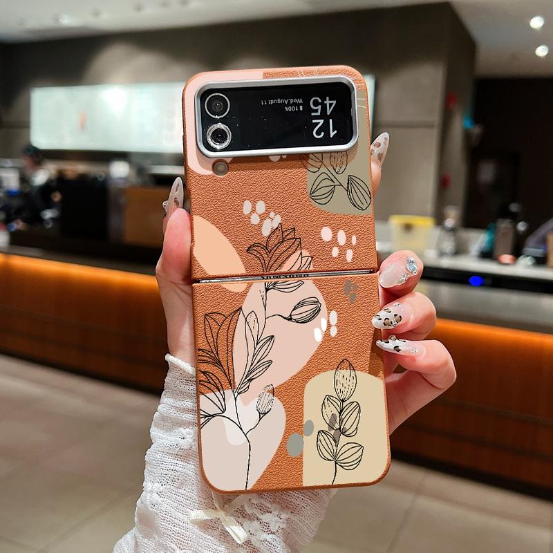 Leather Texture Soft TPU Folding Case For Samsung Galaxy Z Flip7 Flip6 Flip5 Flip4 Z Flip 7 FE 6 5 3 5G Plant Print Phone Cover