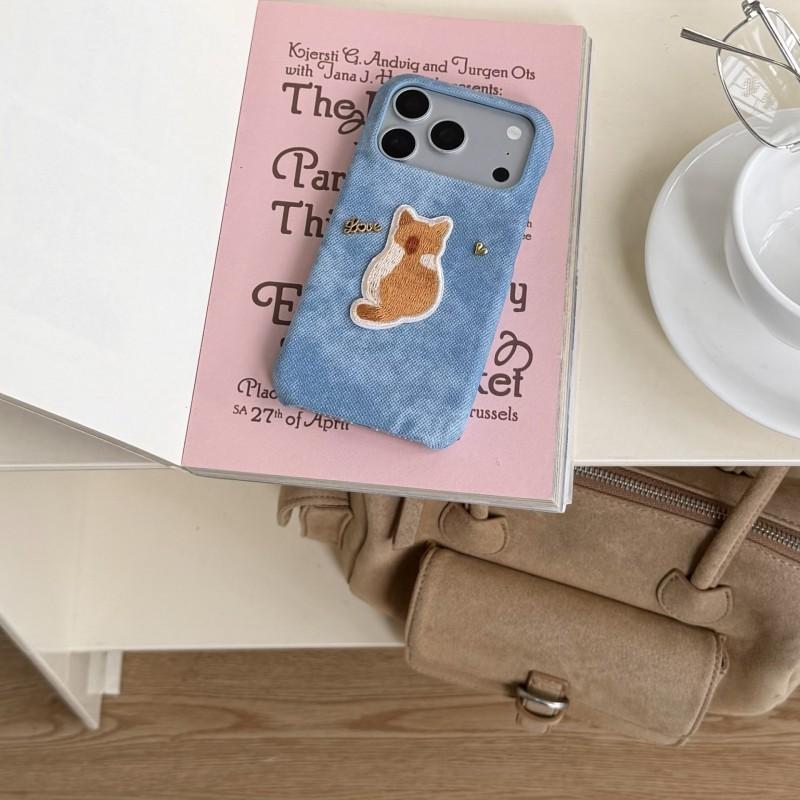 Embroidered Cat Denim Fabric Phone Case IPhone 17 Pro Max 16 15 13 Protective Cover Soft Stitched Design