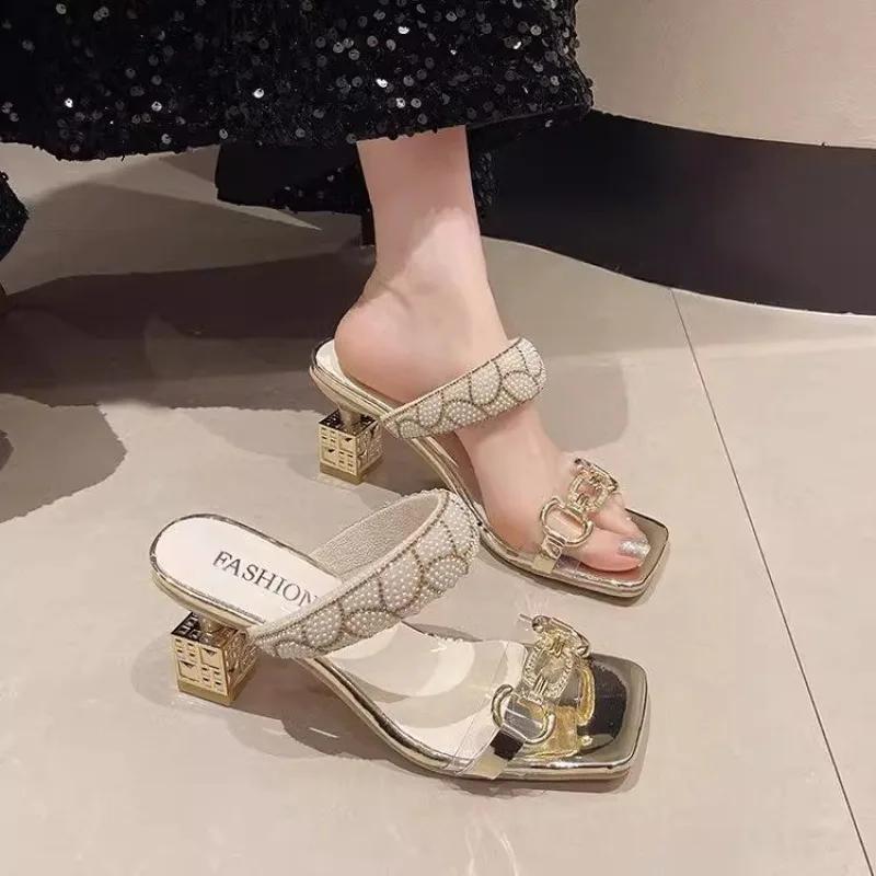 

Fashion Womens Slippers with Middle Heel Open Toes Pearl Non Slip Versatile 2025 New Summer Outdoor One-piece Sweet Fashion 43