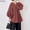 Blusa casual de manga larga con cuello en V y color sólido para mujer