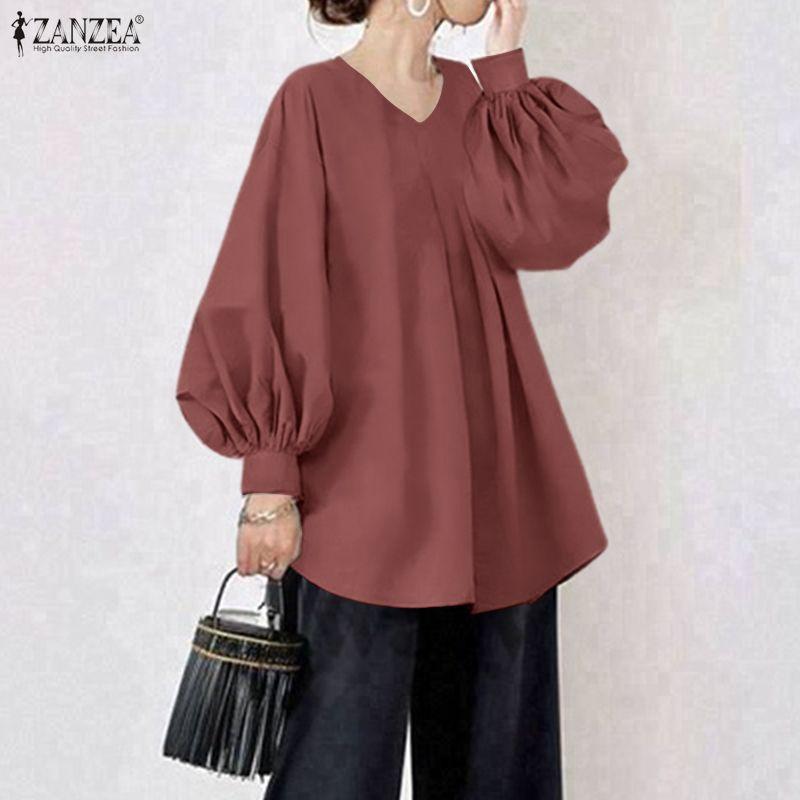 ZANZEA Lässige Bluse mit V-Ausschnitt und langen Ärmeln für Damen in Volltonfarbe