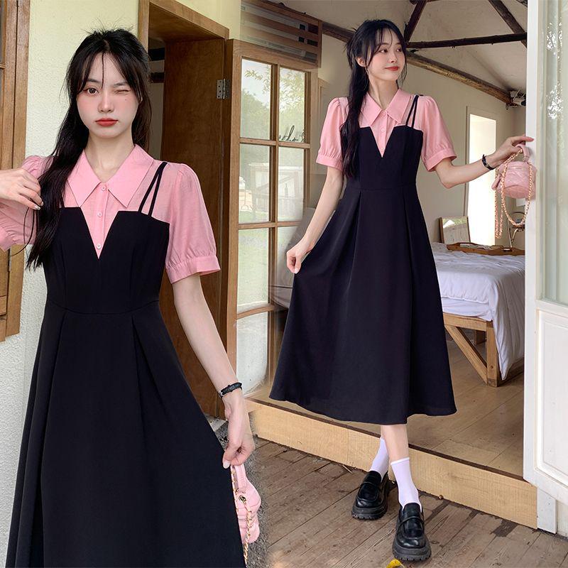 

Plus Size Faux Two-Piece Spliced Design Slimming Little Black Dress for a Flattering Summer Look L