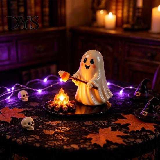 Collectible Fall Atmosphere Sculpture Halloween Campfire Tealight Holder, Matte Resin Ghost Mummy Scarecrow Figurine, Stable Night Light Round