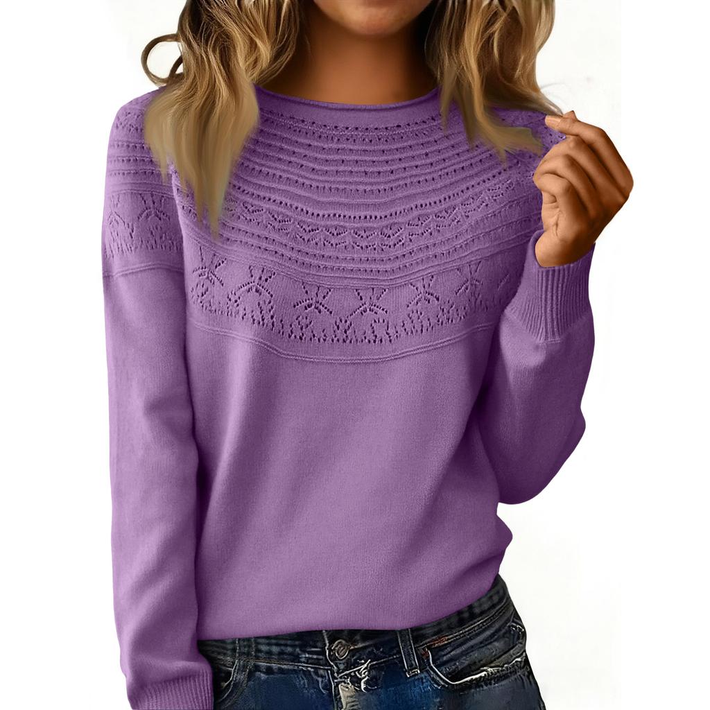 Women's Fashion Rolled-Collar Round Neck Lace-Up Pullover Knit Sweater Long Sleeve Solid Color Sweater
