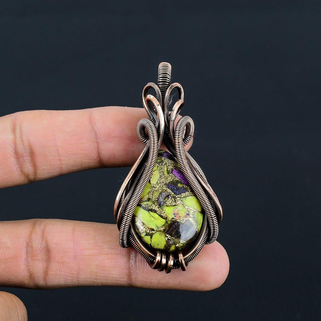 Copper Stichtite Gemstone Pure Copper Wire Wrap Handmade Jewelry Pendant For LOve