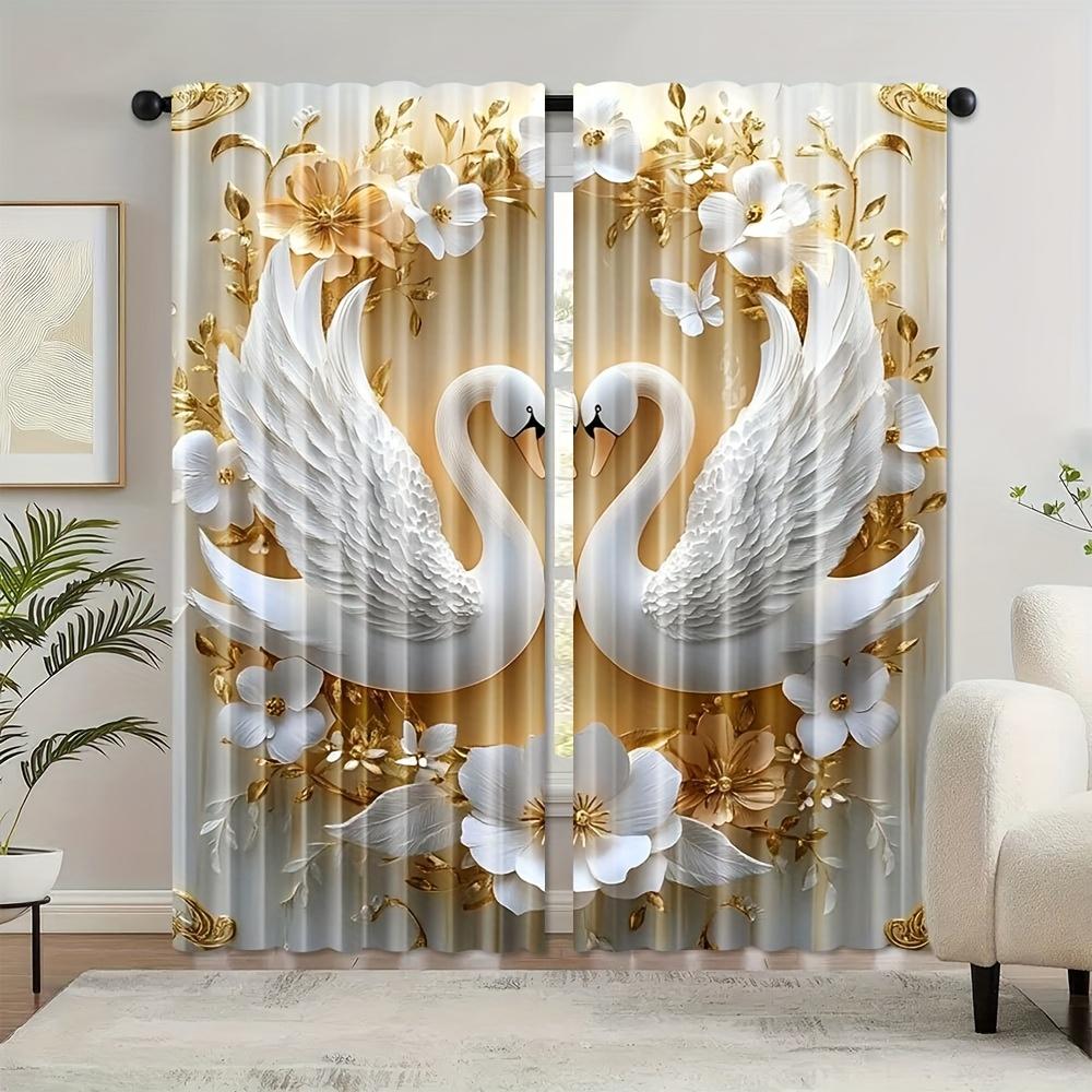 Artistic Elegant Swan Floral Print Curtains White Gold Polyester Living Room Bedroom Study Home Decor Set Of 2 Made