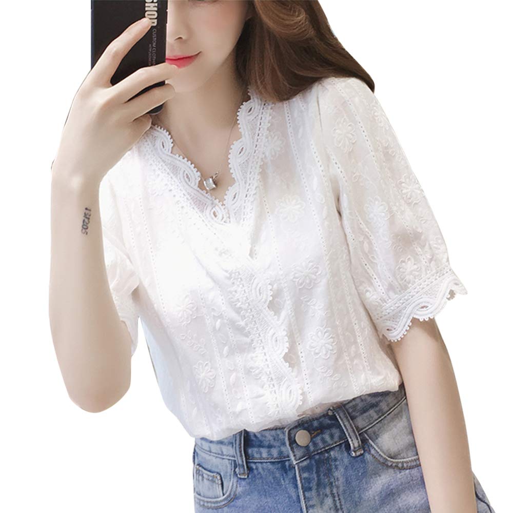 2019 Summer Embroidered Tops Cotton Fabric Blouse Embroidered Shirt Scallop Collar Short Sleeve Lace Elegant Cute Floral Pattern Thin Loose Fit