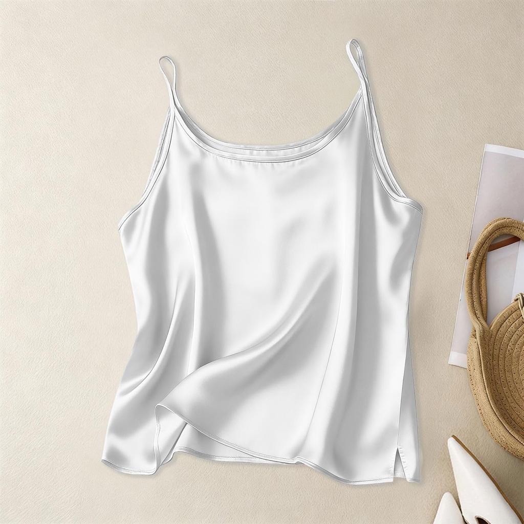 Fashion Women's Silk Satin Vest V-neck Slim Shoulder Strap Vest Soft Sleeveless Round Neck Vest