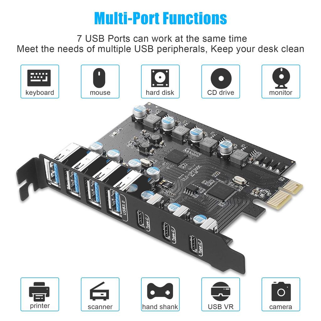 Farboko PCIe to USB 3.0 Expansion Card, with 4 Type-A ports and 3 Type-C ports, PCI Express USB Host Card for Desktop PCs