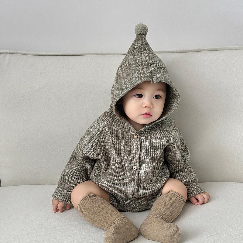 Korean Spring Hooded Knit Sweater and Romper Set for Babies - Unisex Two-Piece