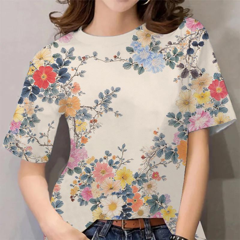 Women's Floral Print Casual T-Shirt - Short Sleeve