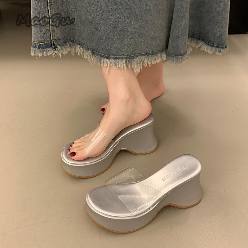 

Fashion Transparent PVC Chunky Heel Sandals for Women Fashion Peep Toe Platform Sandals Woman 2025 Summer Thick Bottom Beach Slippers 34 серебряный