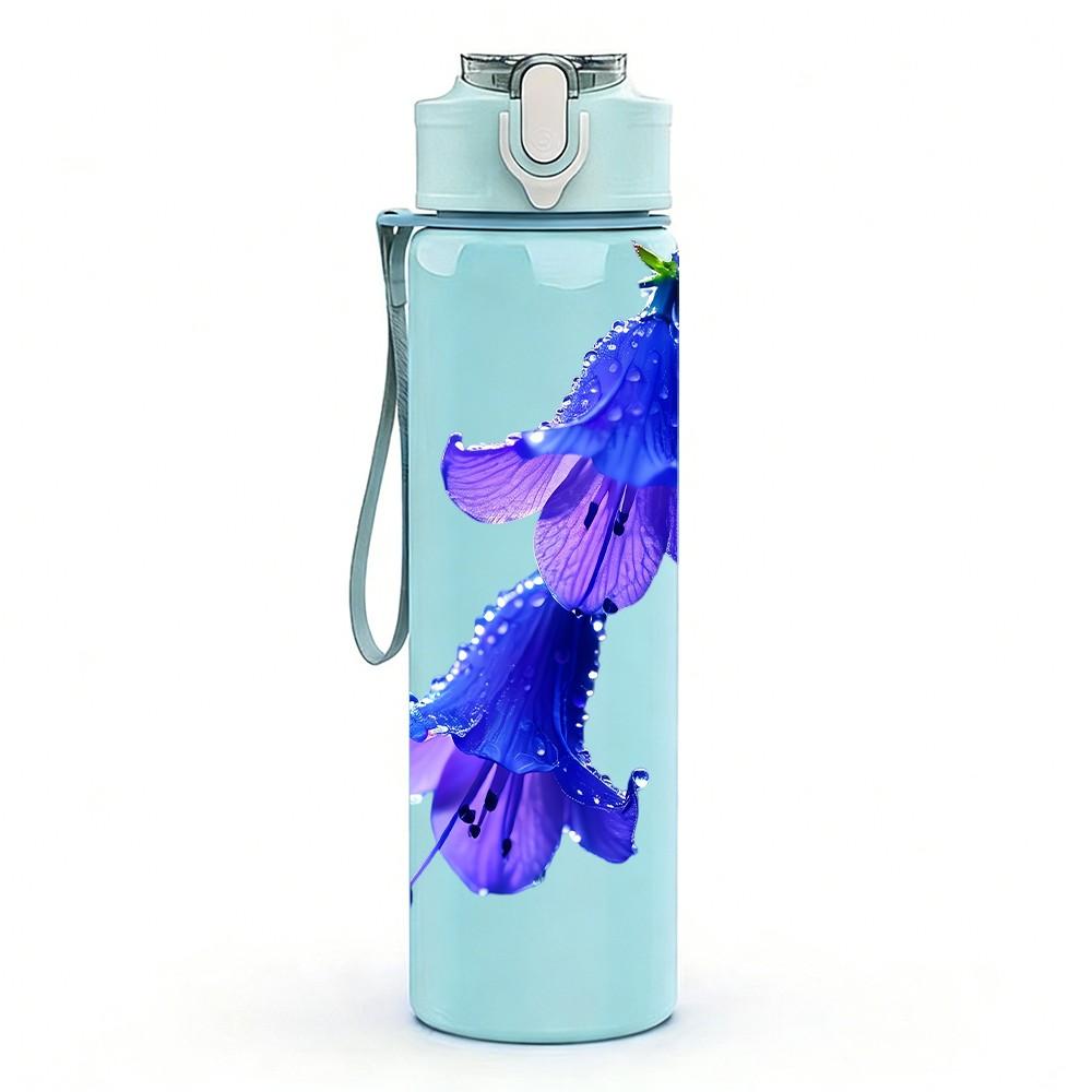1PC Blue Purple Bell Orchid Flower Print 750ml Color Plastic Sports Water Bottle Leakproof Flip Straw Lid Suitable for Sports Office Home Use