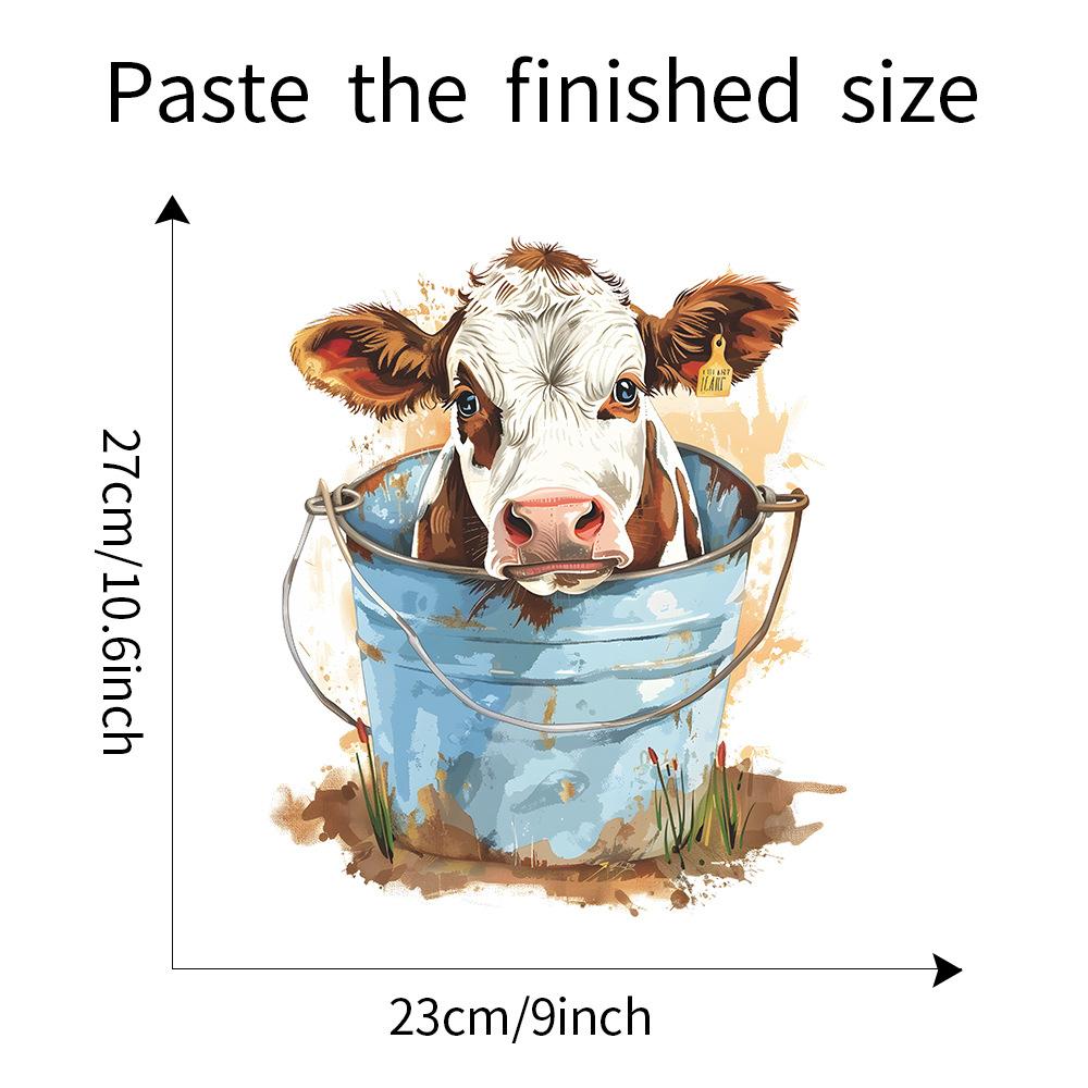 Whimsical Cow with Metal Bucket Toilet and Wall Sticker Set Waterproof Self-Adhesive Removable Decal for Bathroom WC Decoration
