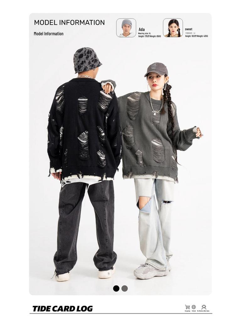 TIDE CARD LOG Nadměrný roztrhaný streetwearový svetr ve stylu dvoudílného kompletu pro muže a ženy