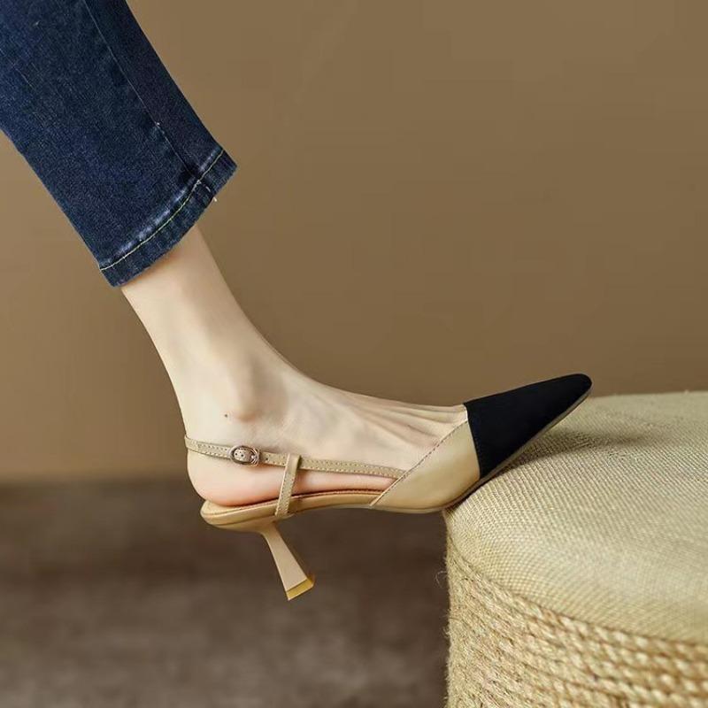Women S Nude French Pointed Toe One Strap Mid Heel Sandals Summer Breathable
