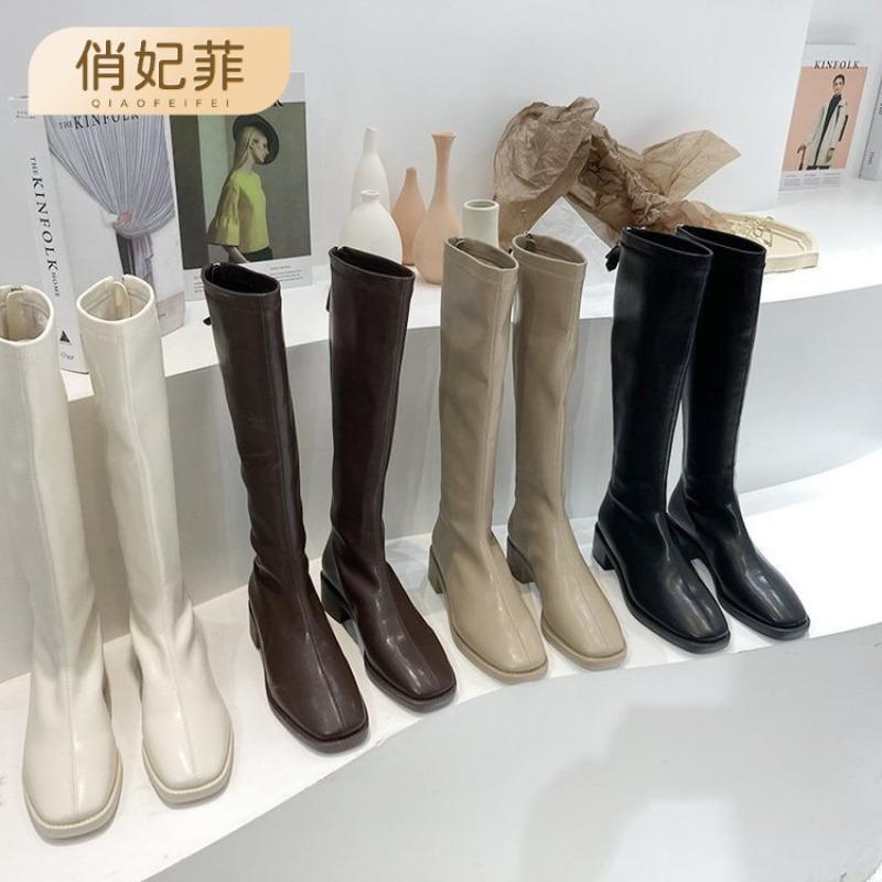 Rear zipper velvet boots New squareheaded knight boots White versatile high boots Women's thin boots