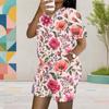 Women Plus Size Two Piece Set Round Neck Short Sleeve Printed Top And Pocket Shorts