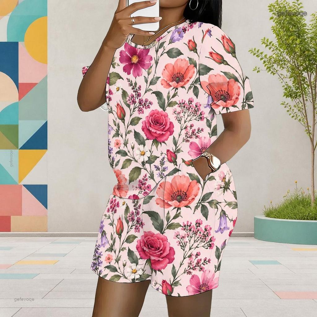 Women Plus Size Two Piece Set Round Neck Short Sleeve Printed Top And Pocket Shorts