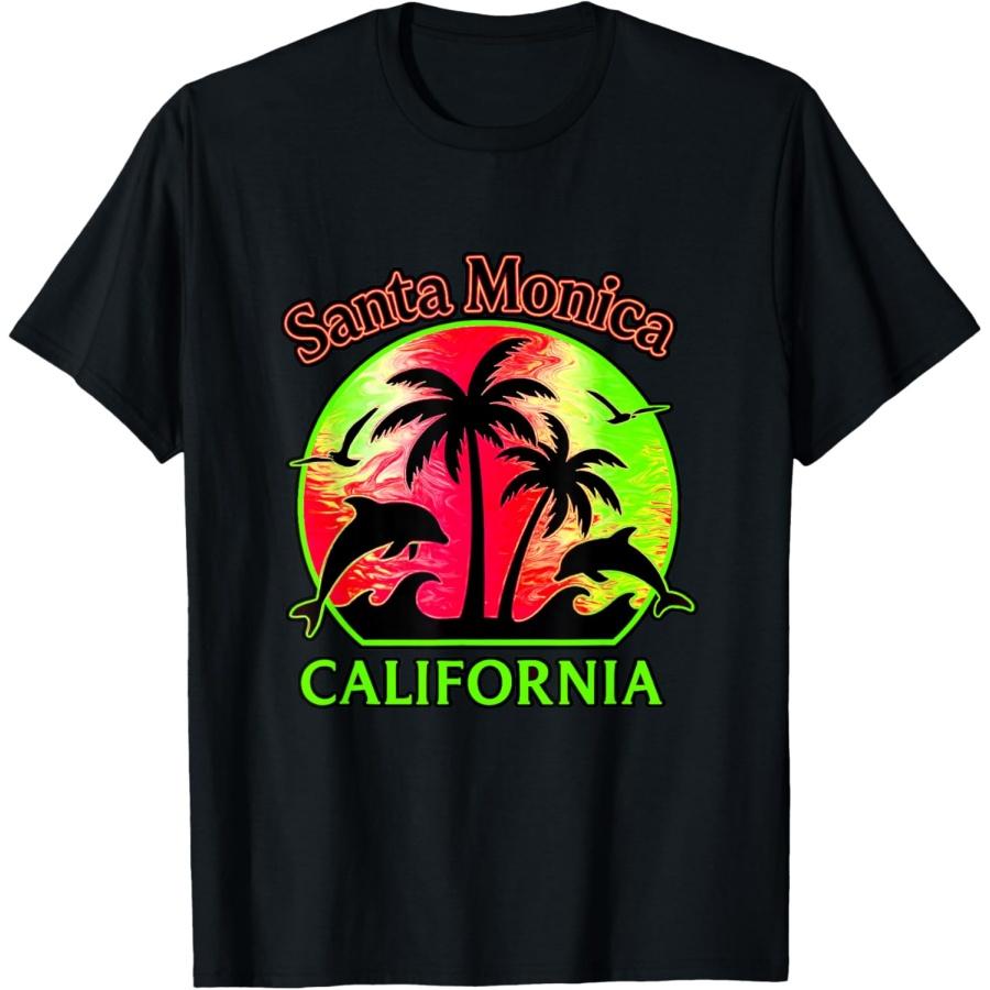 Футболка Санта-Моника, Калифорния с дельфинами, закатом, пальмами S