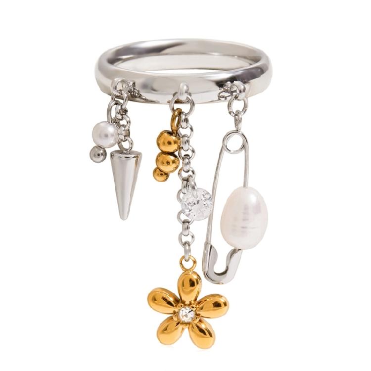 Tassels Rings Freshwater Pearls Flower Detail Stainless Steel Jewelry For Casual Or Formal Wear