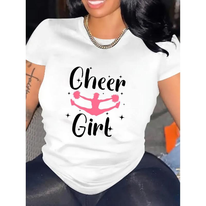 

Womens Cheerleader Graphic Tee Black With Pink Design Round Neck Short Sleeve Stretchy Casual All Season Top S белый