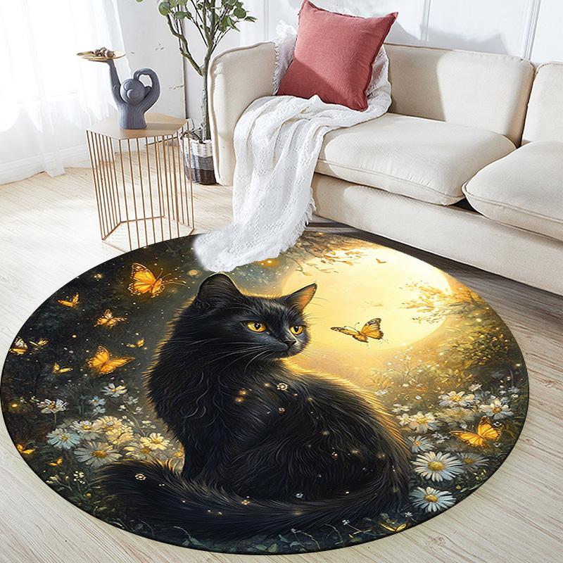 Black Cat Round Area Rug,Carpet Rug for Living Room Bedroom Sofa Playroom Decor,Non-slip Floor Mat