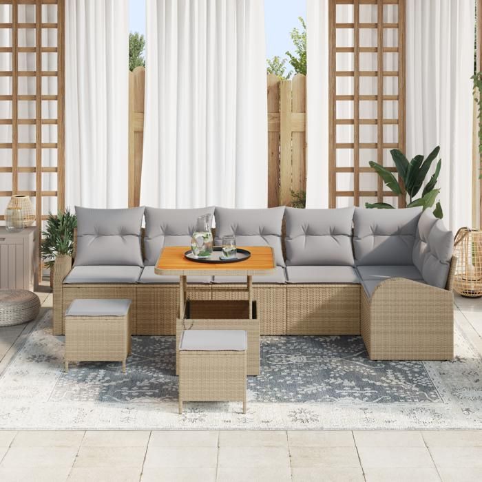 Ensemble de canapés de jardin 9 pièces avec coussins beige poly rotin acacia, Canapé de jardin 2 places avec coussins beige 3362412