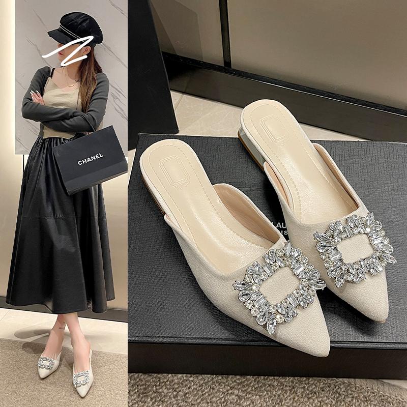 Fashion Women's Summer New Sexy Pointed High Heels Women's Luxury Square Buckle Rhinestone  Designer Banquet  Wedding Mule Shoes Zapatos