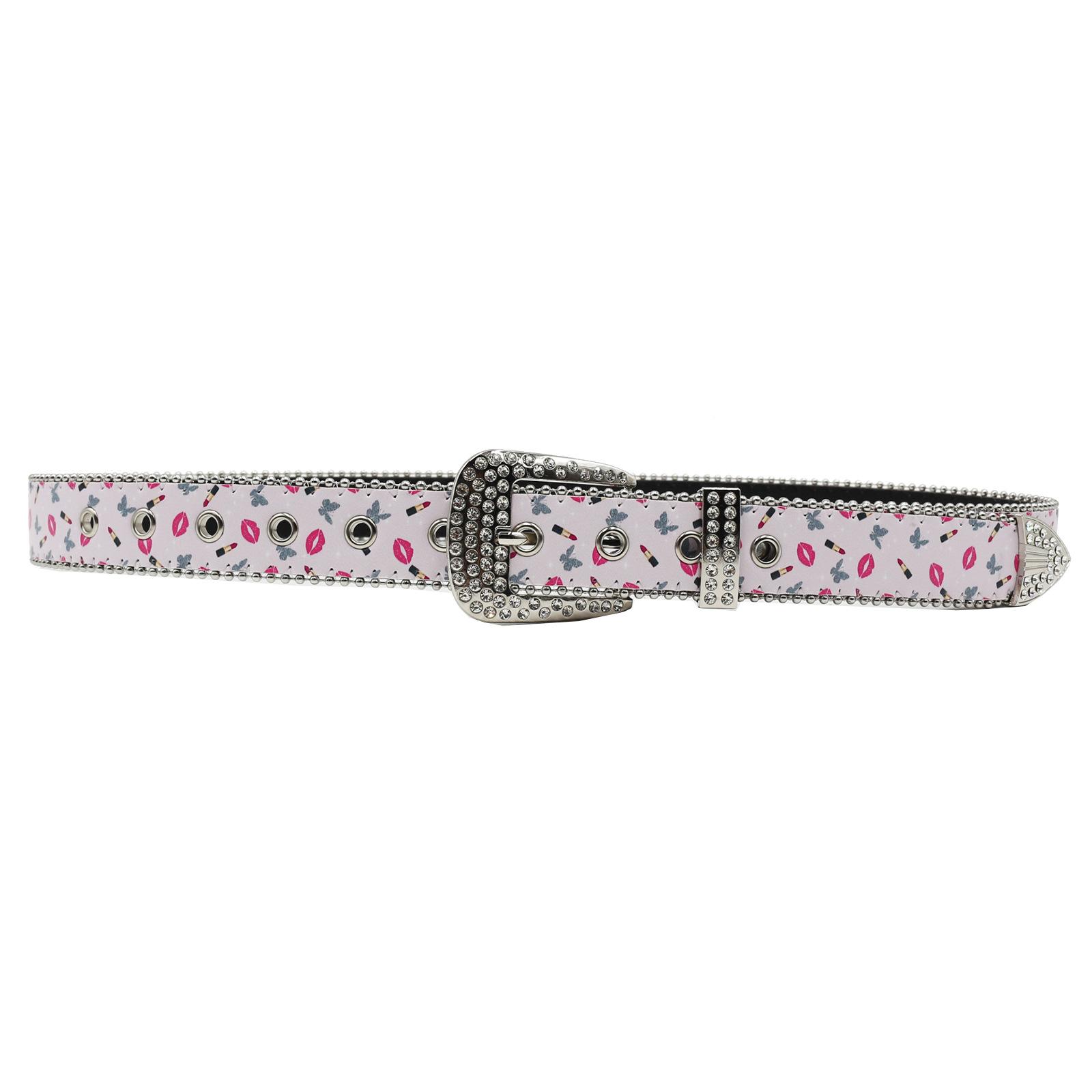 

Ремень со стразами Принт Американская Горячая Девушка Красные Губы Любовь Поцелуй Пряжка со стразами Металлический ремень Ремень с принтом губ 115cm