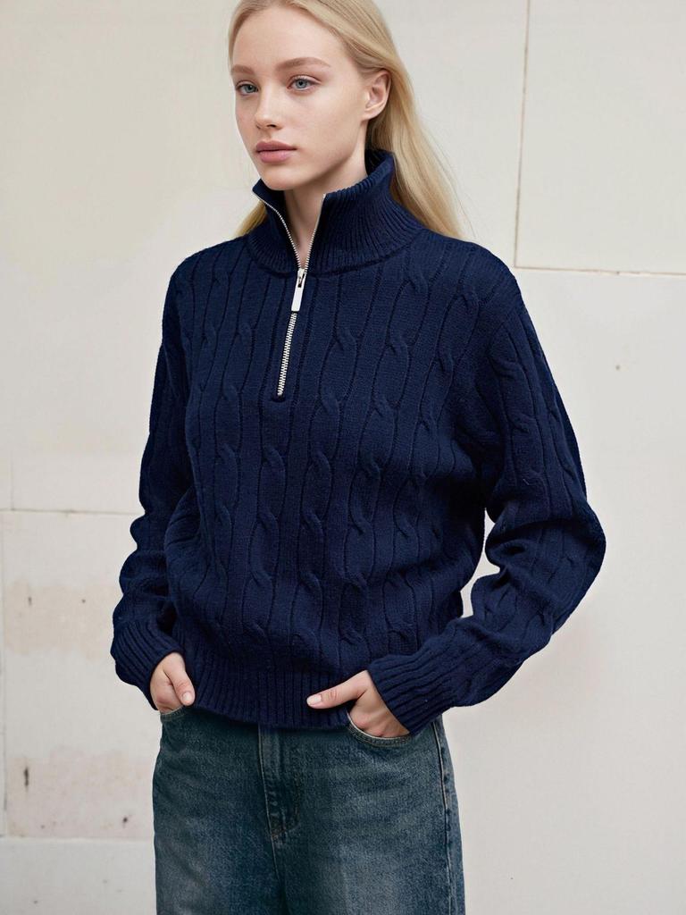 2025 Puyuan Autumn/Winter Wool Cable Knit Stand Collar Zip-Up Sweater for Women - Soft Texture