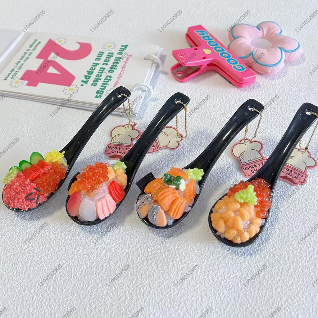 Japanese Sashimi Rice Spoon Gashapon Capsule Toy Miniature Box Food Bag Charm Keychain Simulation Seafood Pendant Decor Gifts