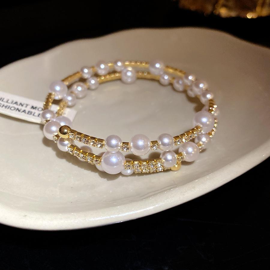 Crystal Pearl Beaded Multi Layer Open Bangle Retro Elegant Luxury Women Hand Jewelry Wholesale