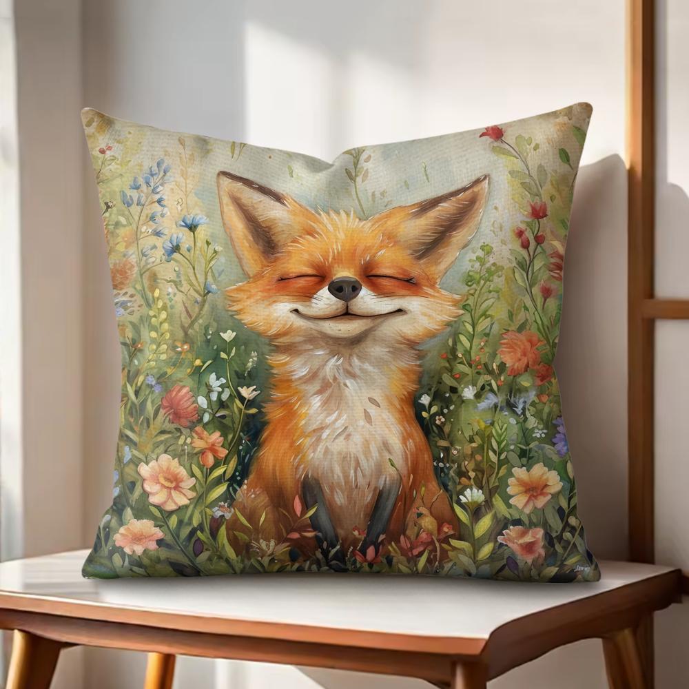 Fox printed Cushion Cover Natural Linen Organic Fabric DoubleSided Printing Couch Pillow Covers Home Decor Gift