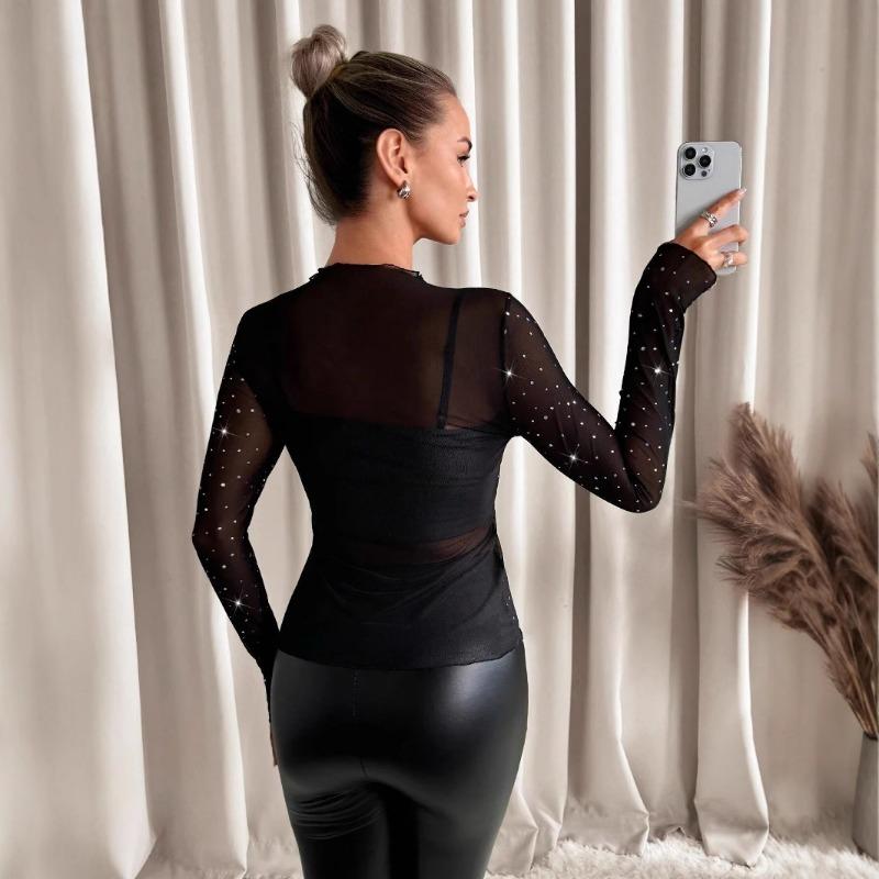Women S Long Sleeve Mesh T Shirt With Rhinestone Decoration