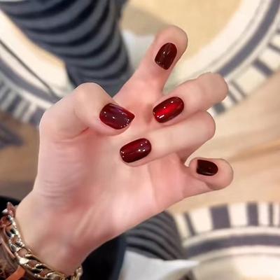24 Pieces Solid Color Burgundy Cherries Red Cat Eye Wearing Nail Removable Nail Piece Nail Piece Fake Nail Short T24 Pieces