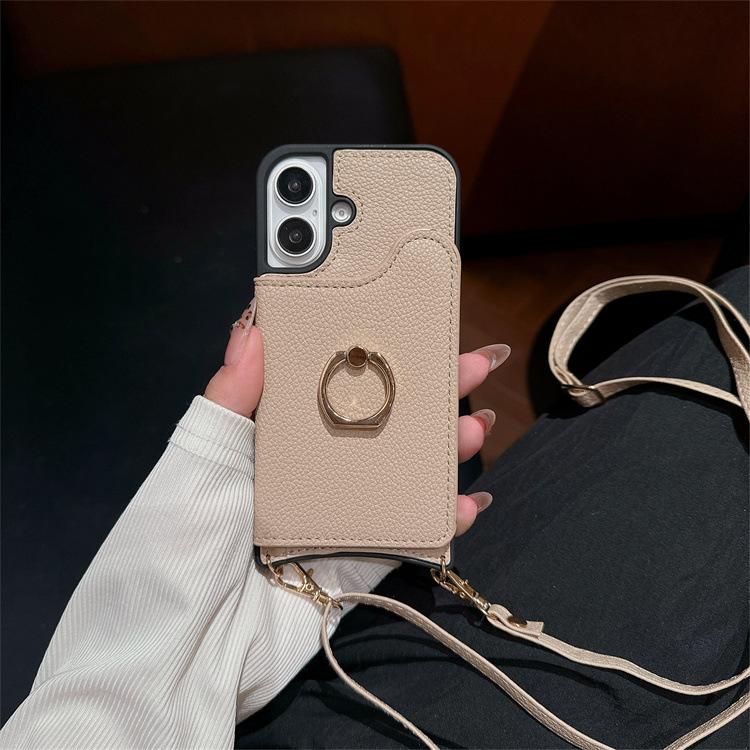 Applicable To Iphone16promax Crossbody Lychee Pattern 12pro Ring Fishtail Lanyard Card Function Protective Case