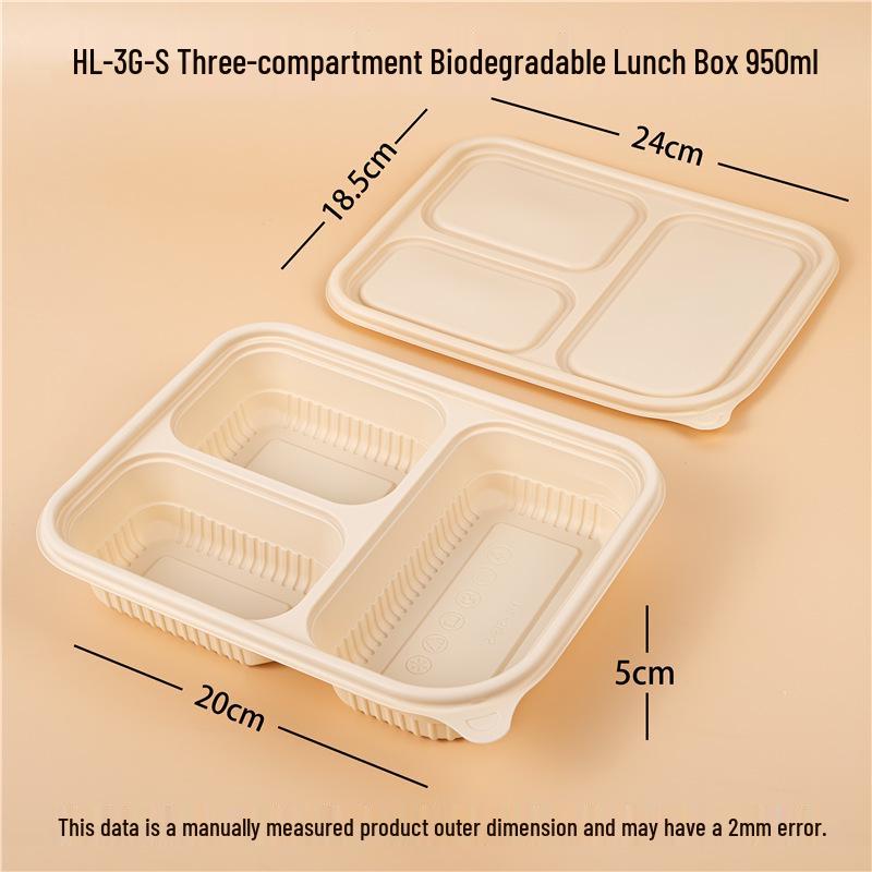 Biodegradable Three-Compartment Corn Starch Lunch Box - Eco-Friendly Disposable Bento Meal Tray Three-Compartment Tray (200 sets/box)