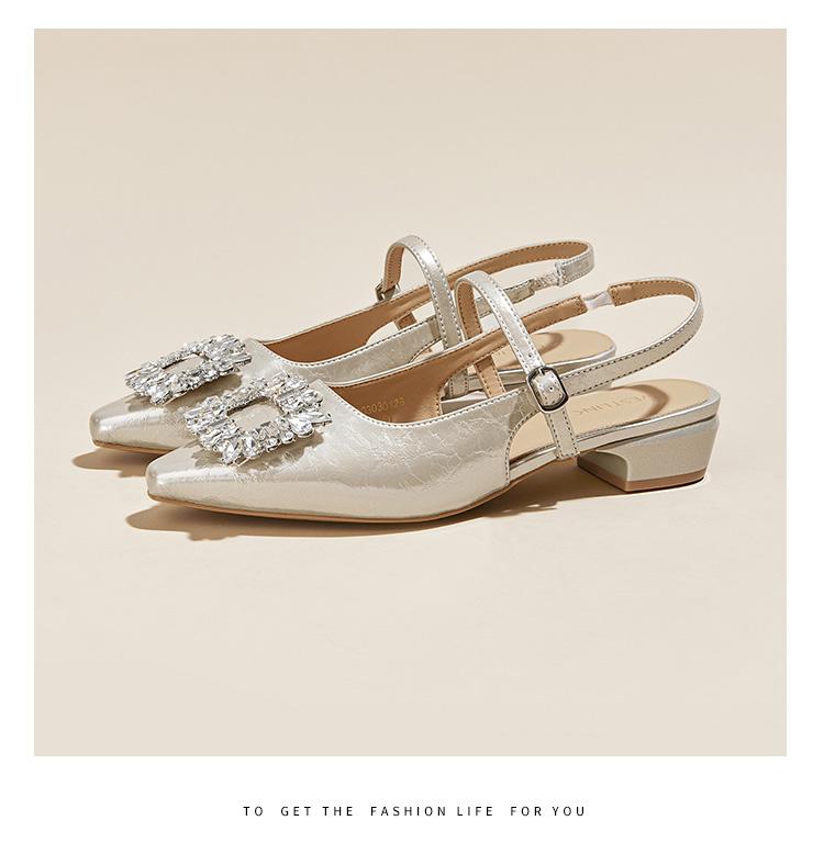 Light luxury wind back empty sandals for women with rhinestone square buckle, pointed toe, low heel, Mary Jane straight strap sandals